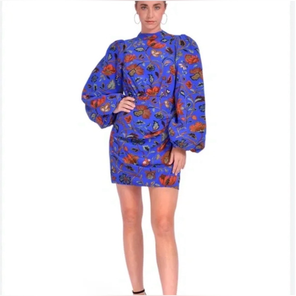 Rhode Royal‎ Vichy Rose Luke Mini Dress Puff Sleeve Blue Floral Mock Neck Size 6